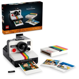 Weißer Lego Ideas Polaroid OneStep SX-70 mit retro Design und Lego Detail.