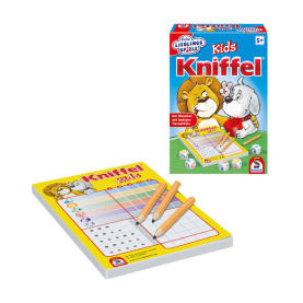 Buntes Würfelspiel Kniffel Kids mit lustigen Tiermotiven und einfachen Spielregeln.