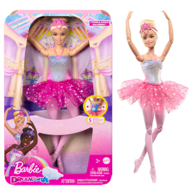 Barbie Dreamtopia Zauberlicht Puppe mit buntem Kleid und leuchtenden Flügeln.