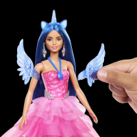 Barbie Puppe in blauem Kleid mit Diamantschmuck und blonden Haaren.