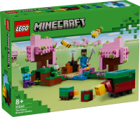 Baukasten Lego Minecraft: Der Kirschblütengarten mit detailreichen Blöcken und Spielfiguren.