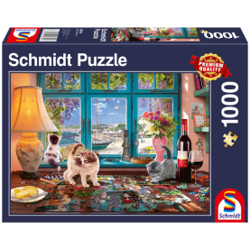 Puzzle mit Motiv am Puzzletisch, 1000 Teile, für stundenlangen Spielspaß.