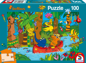 100-teiliges Puzzle Die Maus im Dschungel mit buntem Motiv und lustigen Tierfiguren.