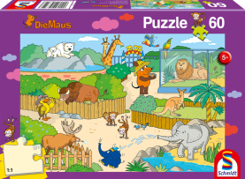 Holzpuzzle Die Maus im Zoo mit 60 Teilen und buntem Tiermotiv.
