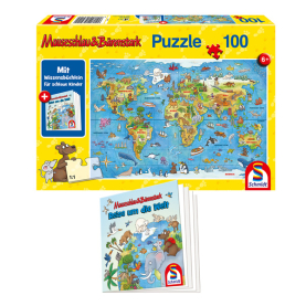 Holzpuzzle Reise um die Welt mit 100 Teilen, bunt illustriert mit verschiedenen Motiven aus verschiedenen Ländern.
