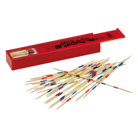 Klassisches Mikado Legespiel aus Holz mit bunten Stäbchen und praktischer Aufbewahrungsdose.