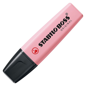 Roter Textmarker in Pastellfarbe mit BOSS-Logo und ergonomischer Form.