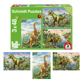 Puzzle Abenteuer mit den Dinosauriern mit 3x48 Teilen, ideal für kleine Entdecker.