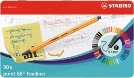 Blaue Fineliner im Metalletui mit 50 Stiften und feiner Spitze.