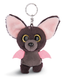 Plüschanhänger in Form einer Fledermaus mit großen Glubschaugen und weichem Material.