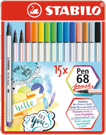 Buntes Set mit 15 Filzstiften Pen 68 Brush in einem Metall-Etui.