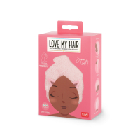 Rosa Turban-Handtuch für die Haare mit Aufschrift Love My Hair und dehnbarem Gummiband.