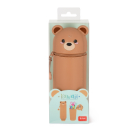 Blaues Federmaeppchen aus Silikon mit niedlichem Teddybären-Design und 2-in-1 Funktion.