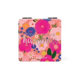 Runder Taschenspiegel mit Nice to see you Schriftzug in pastellrosa und grauer Umrandung.
