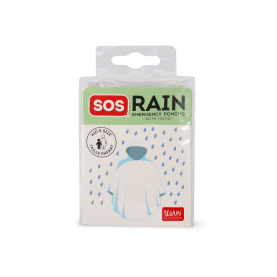 Blauer Regenponcho für Kinder mit SOS-Logo, Kapuze und praktischer Größenverstellbarkeit.