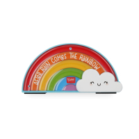Regenbogenförmiges Klebebandabroller in Pastellfarben.