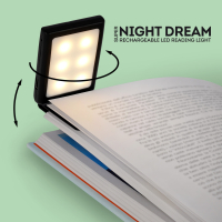 Wiederaufladbares LED Leselicht Super Night Dream in Silber mit flexiblem Arm und drei Helligkeitsstufen.