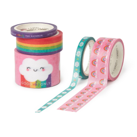 Set aus fünf bunten Papier-Klebebändern mit geometrischen Designs für kreative Projekte.