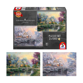 Puzzle-Set Lamplight Manor Winter & Frühling, 2x 1000 Teile mit detailreichen Motiven.
