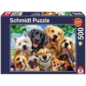 Hunde-Selfie Puzzle mit 500 Teilen, bunt und detailreich illustriert.