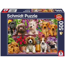 Puzzle mit Motiv Hunde im Regal bestehend aus 500 Teilen, ideal für Tierliebhaber.