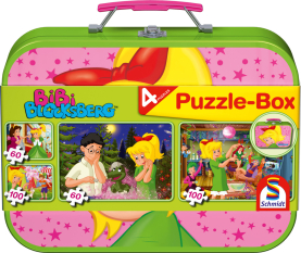 Puzzle Box mit Motiv von Bibi Blocksberg, 4er Set mit 2x 60 Teilen und 2x 100 Teilen.
