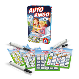 Kompaktes Auto-Bingo-Spiel mit lustigen Motiven für unterwegs.