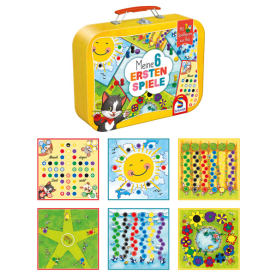 Pädagogische Holzspielzeug-Box mit sechs verschiedenen Lernspielen für Kinder.