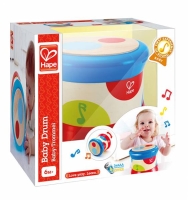 Weiße Babytrommel aus Holz mit bunten Farben und...