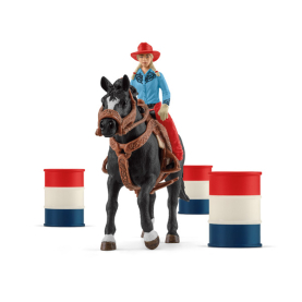 Spielset Schleich Farm World Barrel Racing mit Cowgirl-Figur, Pferd und Hindernissen für spannende Rodeo-Action.