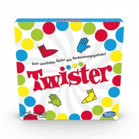 Partyspiel Twister: Buntes Spielfeld mit rotem, gelbem, grünem und blauem Punkt und drehbarer Drehscheibe.