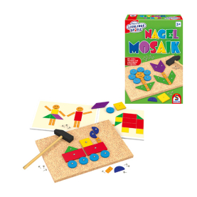 Holzspiel Nagelmosaik, kreatives Geschicklichkeitsspiel für Kinder mit bunten Holzstiften und Vorlagen.
