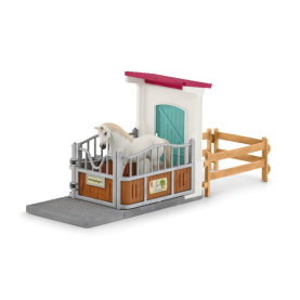 Pferdebox-Set von Schleich: detailgetreu gestaltete Pferdebox mit Zubehör wie Heubündel, Tränke und Pferdefiguren.