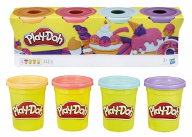 Buntes 4er-Pack Play-Doh in den Farben Orange, Pink, Lila und Hellblau für kreative Bastel- und Modellierarbeiten.