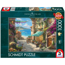 Puzzle mit 1000 Teilen von Kinkade - Café an der italienischen Riviera mit malerischem Motiv.