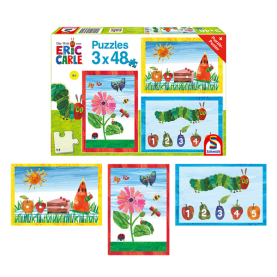 Puzzle Raupe Nimmersatt mit 3x48 Teilen und buntem Motiv.