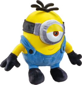 Plüsch Minion Stuart mit gelben Körper, blauer Latzhose und runden Augen.