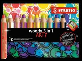 Bunte Woody 3-in-1 Arty Buntstifte in einer 10er Packung mit Spitzer.
