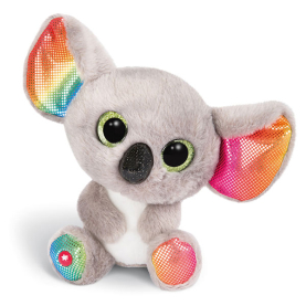 Plüschiger Koala mit großen Glubschaugen und buntem Design.