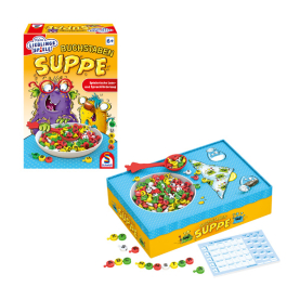 Holz-Legespiel Buchstabensuppe für Kinder, bunt bedruckte Buchstabensteine in Aufbewahrungsbox.