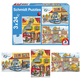 Puzzle-Set mit je 3 Motiven: Feuerwehr und Polizei, je 24 Teile, für Kinder ab 3 Jahren.