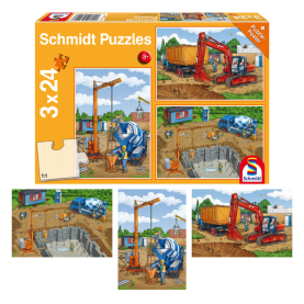 Puzzle Auf der Baustelle mit 3x24 Teilen, bunte Darstellung von Baustellenfahrzeugen und -arbeitern.