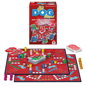 Familienspiel Dog Royal mit originellem Spielbrett, Spielkarten und Spielfiguren in lebendigen Farben.