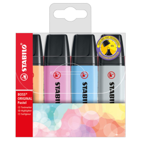 Pastell Textmarker von Boss Original, 4er Etui in verschiedenen Farben.