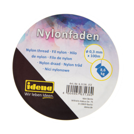 Transparente Nylonfaden-Spule mit 0,3mm Durchmesser und 100m Länge.