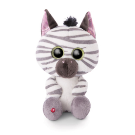 Plüschiges Zebra-Stofftier mit großen Glubschaugen und langem Schwanz.
