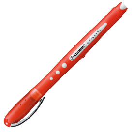 Rot-weißer Tintenroller mit ergonomischem Design und auswechselbarer Mine.
