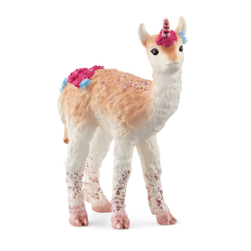 Braunes Schleich Bayala Lama Einhorn aus Kunststoff mit goldenem Horn und bunten Details.