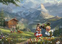1000-teiliges Puzzle von Schmidt mit Motiv von Mickey und Minnie in den Alpen.