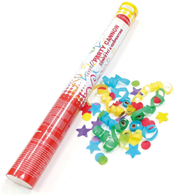 Buntes Party Popper mit 47cm Länge und Konfetti-Effekt.